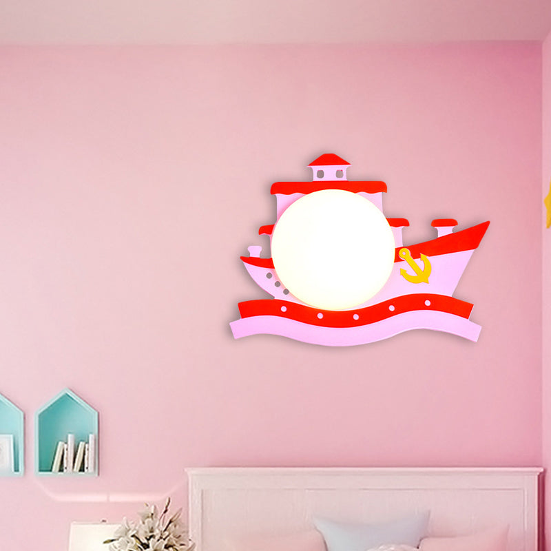Vivolux | Piraten Schiff Holz Wandmontierte Einrichtung Kinder Pink/Blau LED Wandleuchte mit Runder Opalglas Schirm