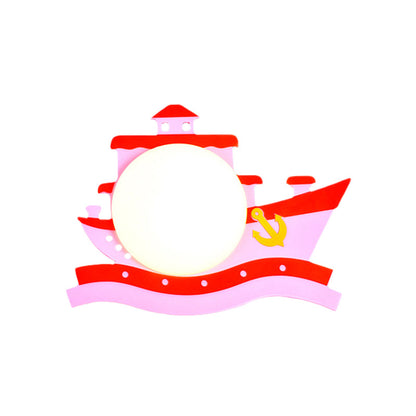 Vivolux | Piraten Schiff Holz Wandmontierte Einrichtung Kinder Pink/Blau LED Wandleuchte mit Runder Opalglas Schirm
