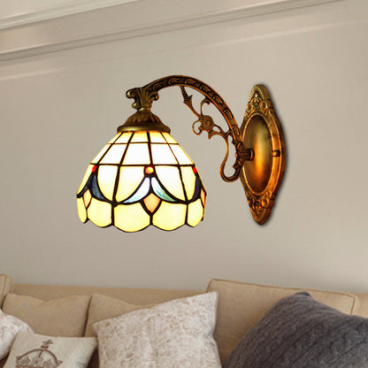 Vivolux | Retro Stijl Getande Wandarmatuur Licht Gekleurd Glas 1 Licht Wandlamp met Tulp Patroon voor Slaapkamer Verlichting in Beige
