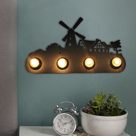 Vivolux | Vintage Förderband Wandleuchte Meta 4 Lichter Schwarz Wandlampe mit Windmühle für Schlafzimmer