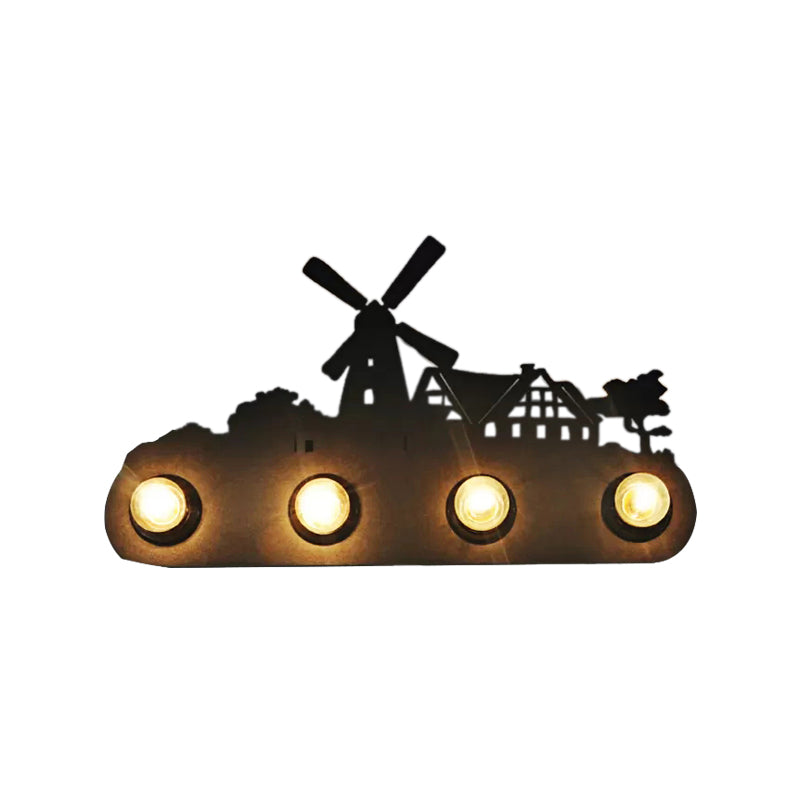 Vivolux | Vintage Förderband Wandleuchte Meta 4 Lichter Schwarz Wandlampe mit Windmühle für Schlafzimmer