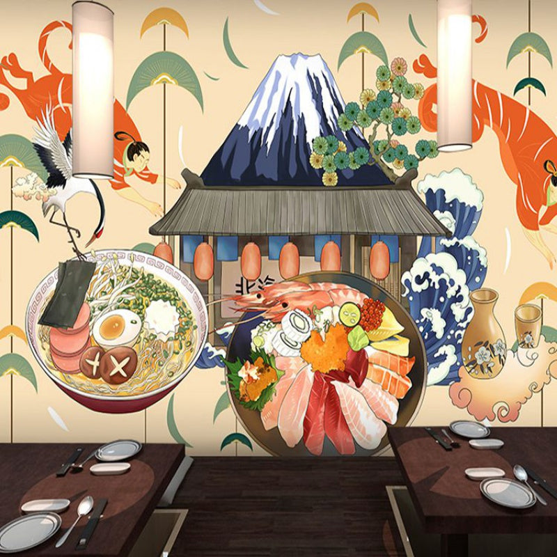 Vivolux | Giant Illustration Sushi Wanddecoratie voor Japans Restaurant in Beige, Maatwerk