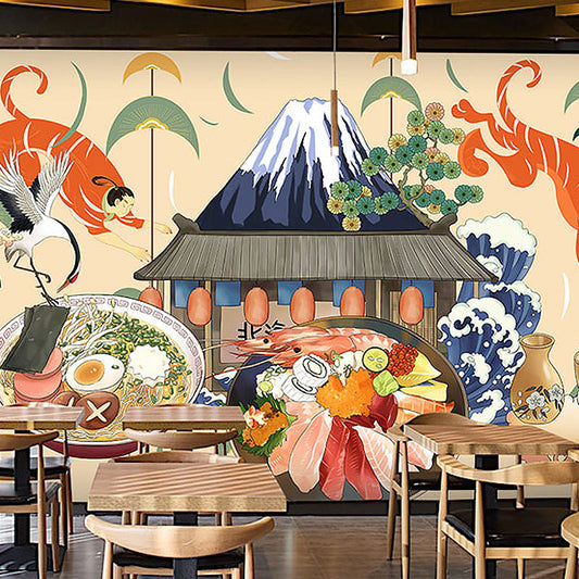 Vivolux | Giant Illustration Sushi Wanddecoratie voor Japans Restaurant in Beige, Maatwerk