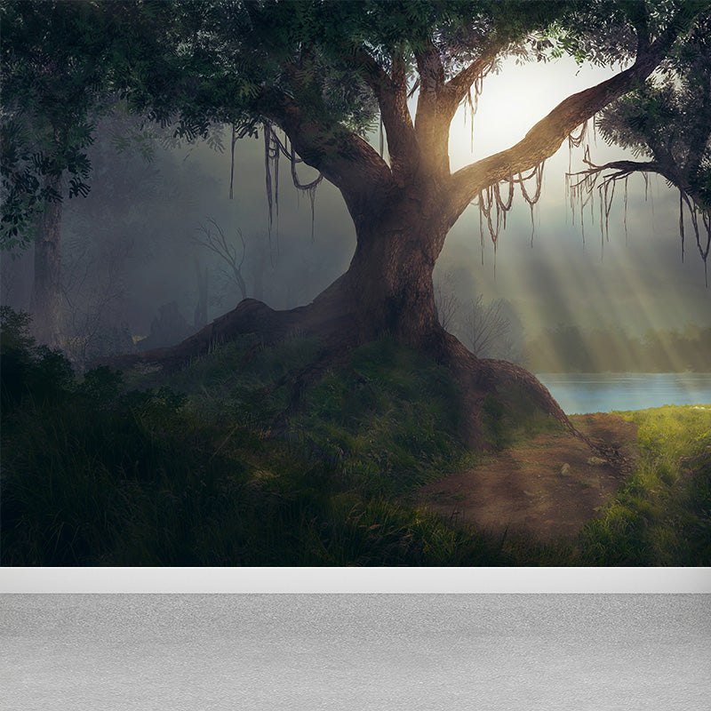 Vivolux | Cloudrijke boslandschap muur tattoo hedendaagse non-woven wandbedekking in zachte kleuren