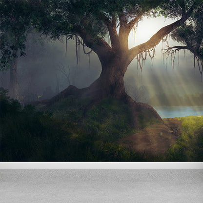 Vivolux | Cloudrijke boslandschap muur tattoo hedendaagse non-woven wandbedekking in zachte kleuren