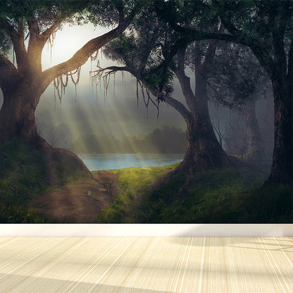 Vivolux | Cloudrijke boslandschap muur tattoo hedendaagse non-woven wandbedekking in zachte kleuren