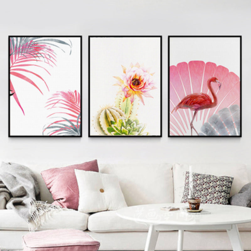 Vivolux | Tropix Blumen- und Flamingo-Kunstdruck Leinwand Texturiert Rosa Wanddekoration für Zuhause, Set von 3