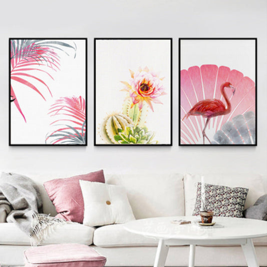 Vivolux | Tropix Blumen- und Flamingo-Kunstdruck Leinwand Texturiert Rosa Wanddekoration für Zuhause, Set von 3