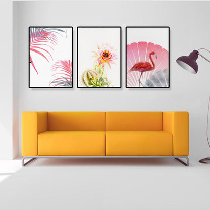 Vivolux | Tropix Blumen- und Flamingo-Kunstdruck Leinwand Texturiert Rosa Wanddekoration für Zuhause, Set von 3