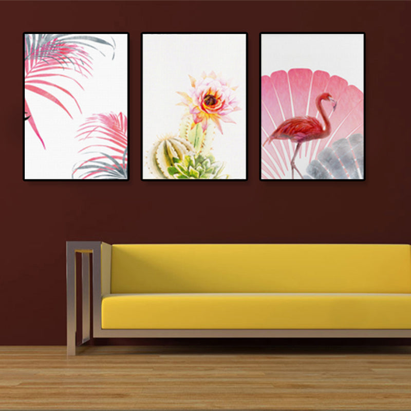 Vivolux | Tropix Blumen- und Flamingo-Kunstdruck Leinwand Texturiert Rosa Wanddekoration für Zuhause, Set von 3
