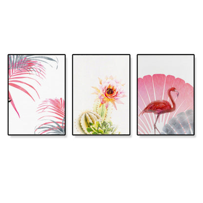 Vivolux | Tropix Blumen- und Flamingo-Kunstdruck Leinwand Texturiert Rosa Wanddekoration für Zuhause, Set von 3