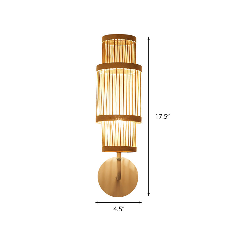 Vivolux | Zylinder Wandlampe Leuchte Asiatischer Stil Bambus Einzelne Glühbirne Holz Wandbeleuchtung mit Gebogenem Arm für Restaurant