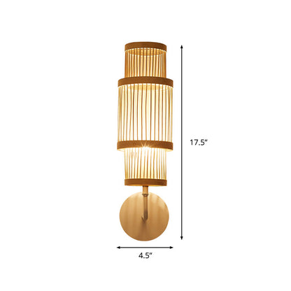 Vivolux | Zylinder Wandlampe Leuchte Asiatischer Stil Bambus Einzelne Glühbirne Holz Wandbeleuchtung mit Gebogenem Arm für Restaurant