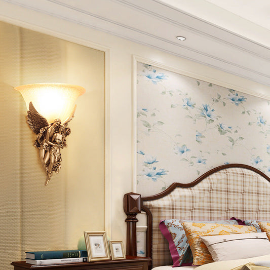 Vivolux | Einzelkopf-Wandlicht Bauernhaus Schüssel-ähnliche milchige Glas Wandlampe mit Winkel-Dekor in Gold