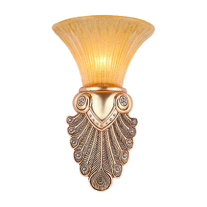 Vivolux | Inverted Bell Slaapkamer Wandlamp Warehouse Opal Geribbeld Glas 1-Lamp Gouden Wandlamp Verlichting met Pauwenveer Design, 10"/13" Breed
