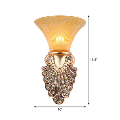 Vivolux | Inverted Bell Slaapkamer Wandlamp Warehouse Opal Geribbeld Glas 1-Lamp Gouden Wandlamp Verlichting met Pauwenveer Design, 10"/13" Breed