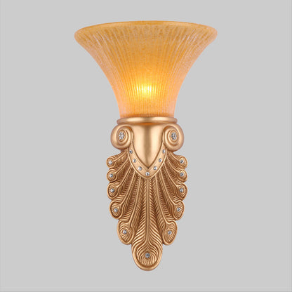 Vivolux | Inverted Bell Slaapkamer Wandlamp Warehouse Opal Geribbeld Glas 1-Lamp Gouden Wandlamp Verlichting met Pauwenveer Design, 10"/13" Breed