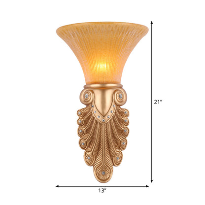 Vivolux | Inverted Bell Slaapkamer Wandlamp Warehouse Opal Geribbeld Glas 1-Lamp Gouden Wandlamp Verlichting met Pauwenveer Design, 10"/13" Breed