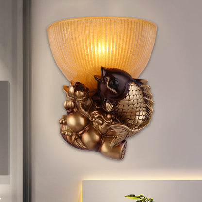 Vivolux | Schale Nachttisch Wandleuchte rustikaler Stil Amberglas 1 Kopf Gold Wandleuchtenidee mit Fisch und Lotus Dekor