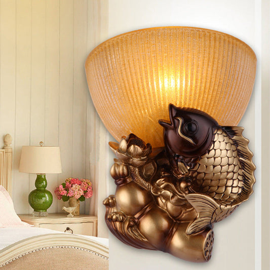 Vivolux | Schale Nachttisch Wandleuchte rustikaler Stil Amberglas 1 Kopf Gold Wandleuchtenidee mit Fisch und Lotus Dekor