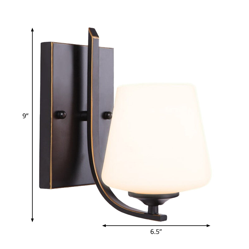 Vivolux | Witte Glas Zwarte Wandlamp Komvormige Enkele Bulb Retro Stijl Muur Bevestigde Verlichting met Rechthoekige Metalen Achterplaat