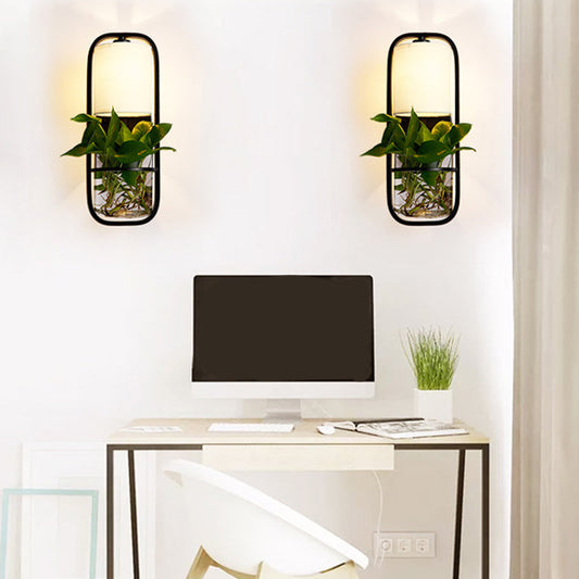 Vivolux | 1 Glühbirne Zylindrische Wandleuchte Lodge Schwarz/Weiß/Gold Stoff Wandlampe mit Warm/Weiß Licht und PflanzenTopf