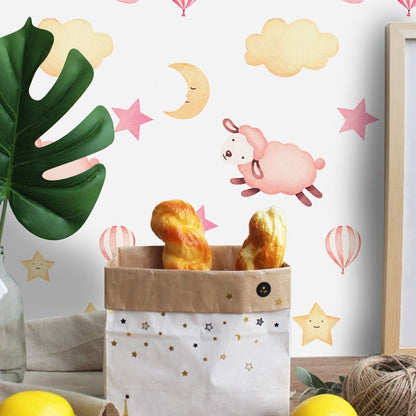 Vivolux | Rosa Schaf Tapete Panel Set Tiermuster Cartoon Abziehbare Wandkunst für das Babyzimmer