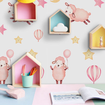 Vivolux | Rosa Schaf Tapete Panel Set Tiermuster Cartoon Abziehbare Wandkunst für das Babyzimmer