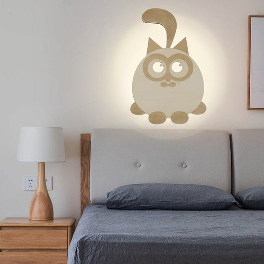 Vivolux | Runde Katze Wandleuchte Tier Holz LED Wandbeleuchtung für Jungen Mädchen Schlafzimmer