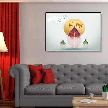 Vivolux | Illustration Pflanze Leinwand Nordisch Mysteriös Blatt und Elch Wandkunstdruck in sanfter Farbe