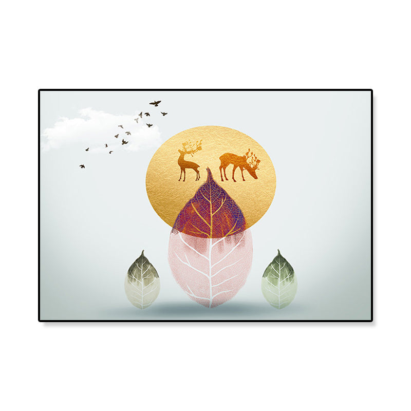 Vivolux | Illustration Pflanze Leinwand Nordisch Mysteriös Blatt und Elch Wandkunstdruck in sanfter Farbe