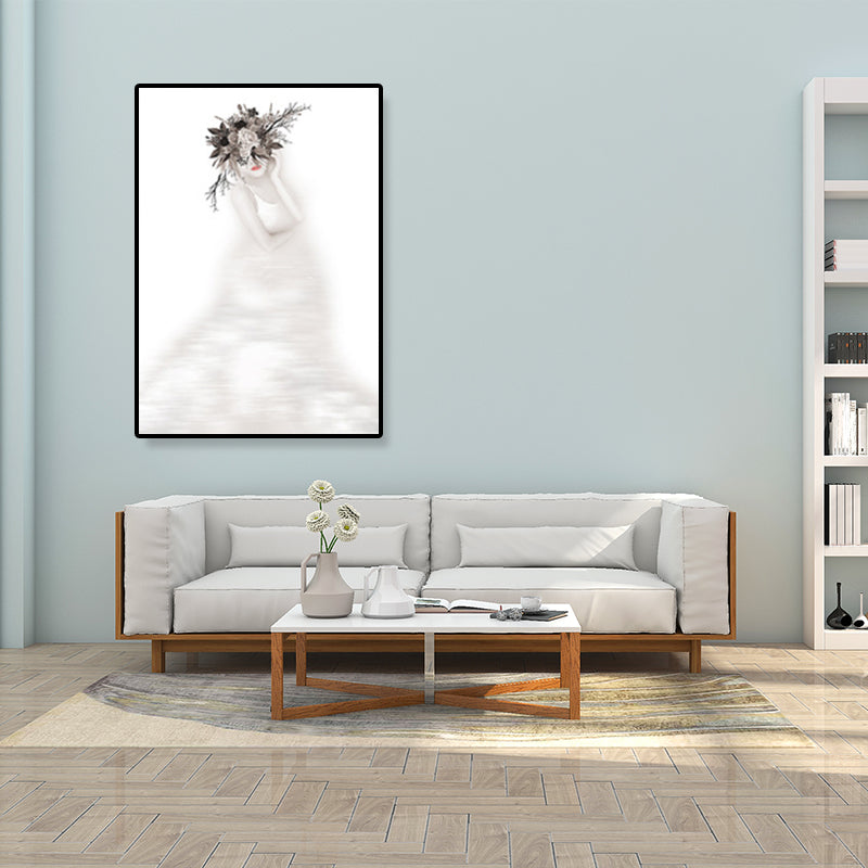 Vivolux | Graues Figurenporträt Wandkunst Mädchen mit Kranz Minimalistischer Texturierter Leinendruck für das Schlafzimmer