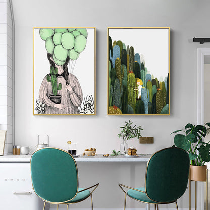 Vivolux | Mädchen und Kaktus Wandkunst Texturiert Zeitgenössisches Wohnzimmer Leinwanddruck in sanften Farben