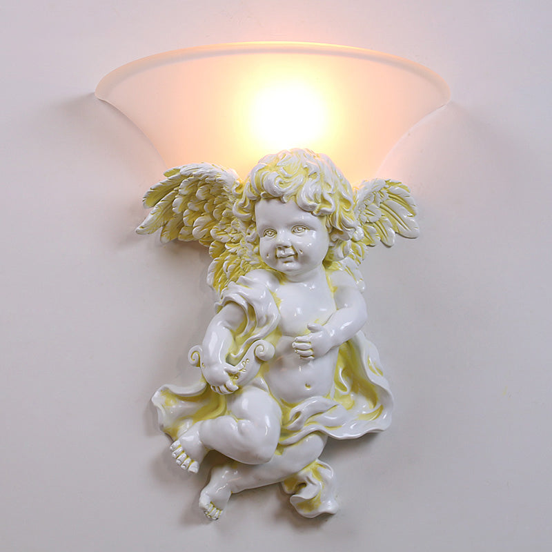 Vivolux | Wit/Goud Engel Wandlamp Koloniaal 1 Kop Hars Bevestigde Verlichting met Klokken Opale Glazen Schaduw, Jongen/Meisje