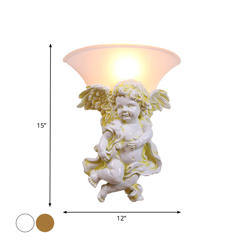 Vivolux | Wit/Goud Engel Wandlamp Koloniaal 1 Kop Hars Bevestigde Verlichting met Klokken Opale Glazen Schaduw, Jongen/Meisje