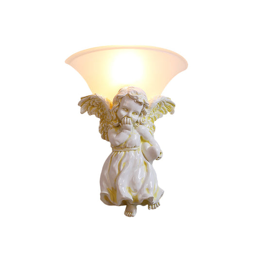 Vivolux | Wit/Goud Engel Wandlamp Koloniaal 1 Kop Hars Bevestigde Verlichting met Klokken Opale Glazen Schaduw, Jongen/Meisje