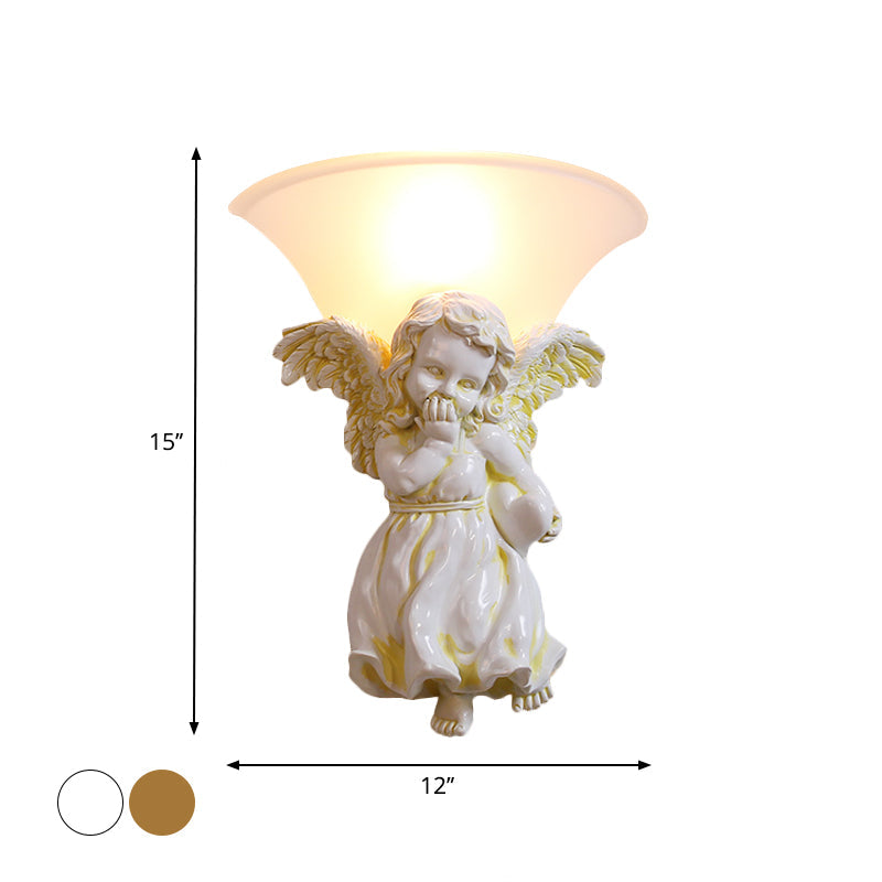 Vivolux | Wit/Goud Engel Wandlamp Koloniaal 1 Kop Hars Bevestigde Verlichting met Klokken Opale Glazen Schaduw, Jongen/Meisje