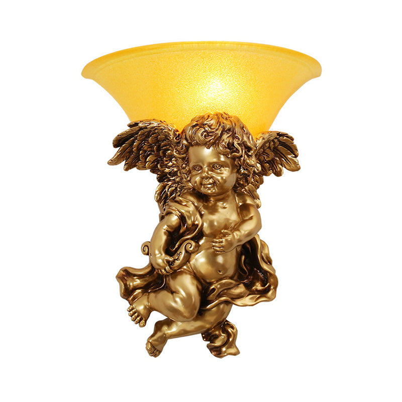 Vivolux | Wit/Goud Engel Wandlamp Koloniaal 1 Kop Hars Bevestigde Verlichting met Klokken Opale Glazen Schaduw, Jongen/Meisje