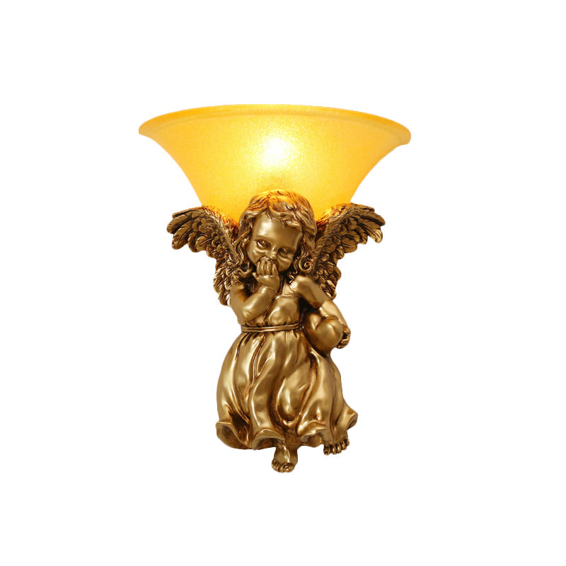 Vivolux | Wit/Goud Engel Wandlamp Koloniaal 1 Kop Hars Bevestigde Verlichting met Klokken Opale Glazen Schaduw, Jongen/Meisje