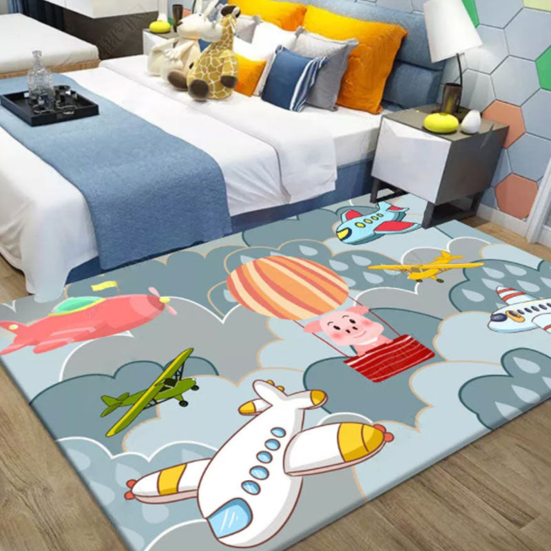Vivolux | Schöner blauer Kinderteppich Polyester Flugzeuge und Ballon Muster Teppich waschbar haustierfreundlich rutschfester Teppich für das Kinderzimmer