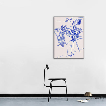 Vivolux | Pen Skizze Buchhandlung Opa Leinwand Schlafzimmer Illustration Figur Wandkunst in Blau für Dekor