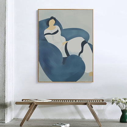Vivolux | Illustration Nordic Canvas Wandkunst mit Frau auf dem Sofa Muster in Blau für Raum