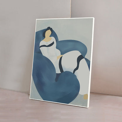 Vivolux | Illustration Nordic Canvas Wandkunst mit Frau auf dem Sofa Muster in Blau für Raum
