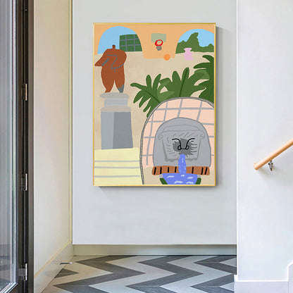 Vivolux | Illustriertes Innenhofblick-Leinwandkunst Pastell Funky Wanddekoration für Hausinterieur