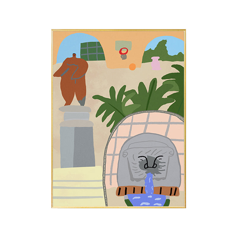 Vivolux | Illustriertes Innenhofblick-Leinwandkunst Pastell Funky Wanddekoration für Hausinterieur