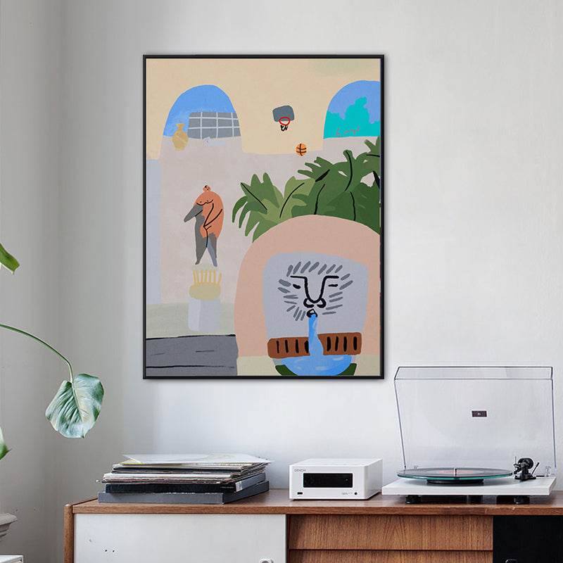 Vivolux | Illustriertes Innenhofblick-Leinwandkunst Pastell Funky Wanddekoration für Hausinterieur