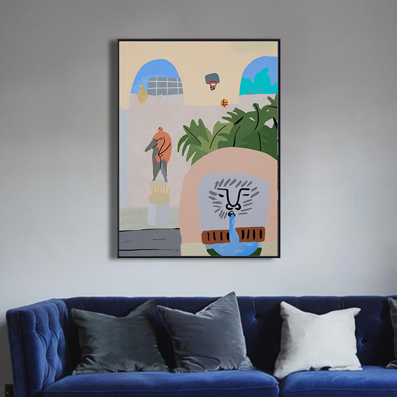 Vivolux | Illustriertes Innenhofblick-Leinwandkunst Pastell Funky Wanddekoration für Hausinterieur