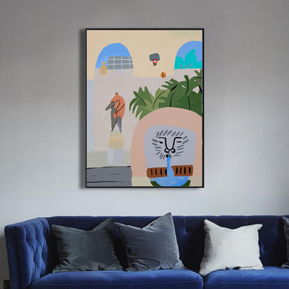 Vivolux | Illustriertes Innenhofblick-Leinwandkunst Pastell Funky Wanddekoration für Hausinterieur