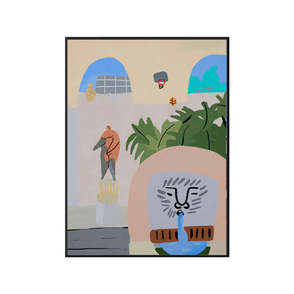 Vivolux | Illustriertes Innenhofblick-Leinwandkunst Pastell Funky Wanddekoration für Hausinterieur