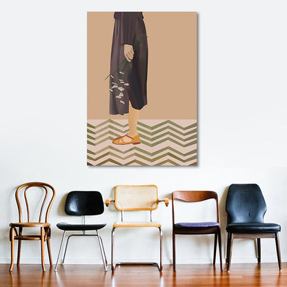 Vivolux | Braune Funky Leinwand Wandkunst Illustrierte Mädchen im schwarzen Kleid Wanddekoration für das Schlafzimmer